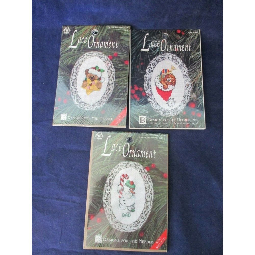 Oval Lace Ornament Counted Cross Stitch Kits Puppy Bear Golfing Snowman New